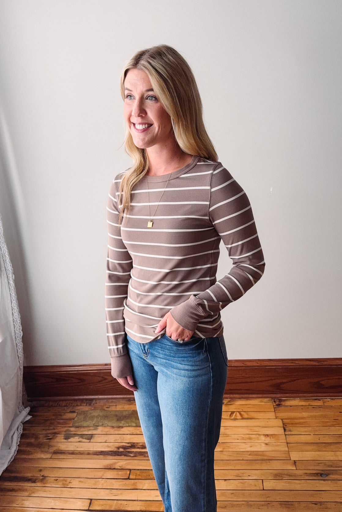 Jessica Taupe + White Long Sleeve
