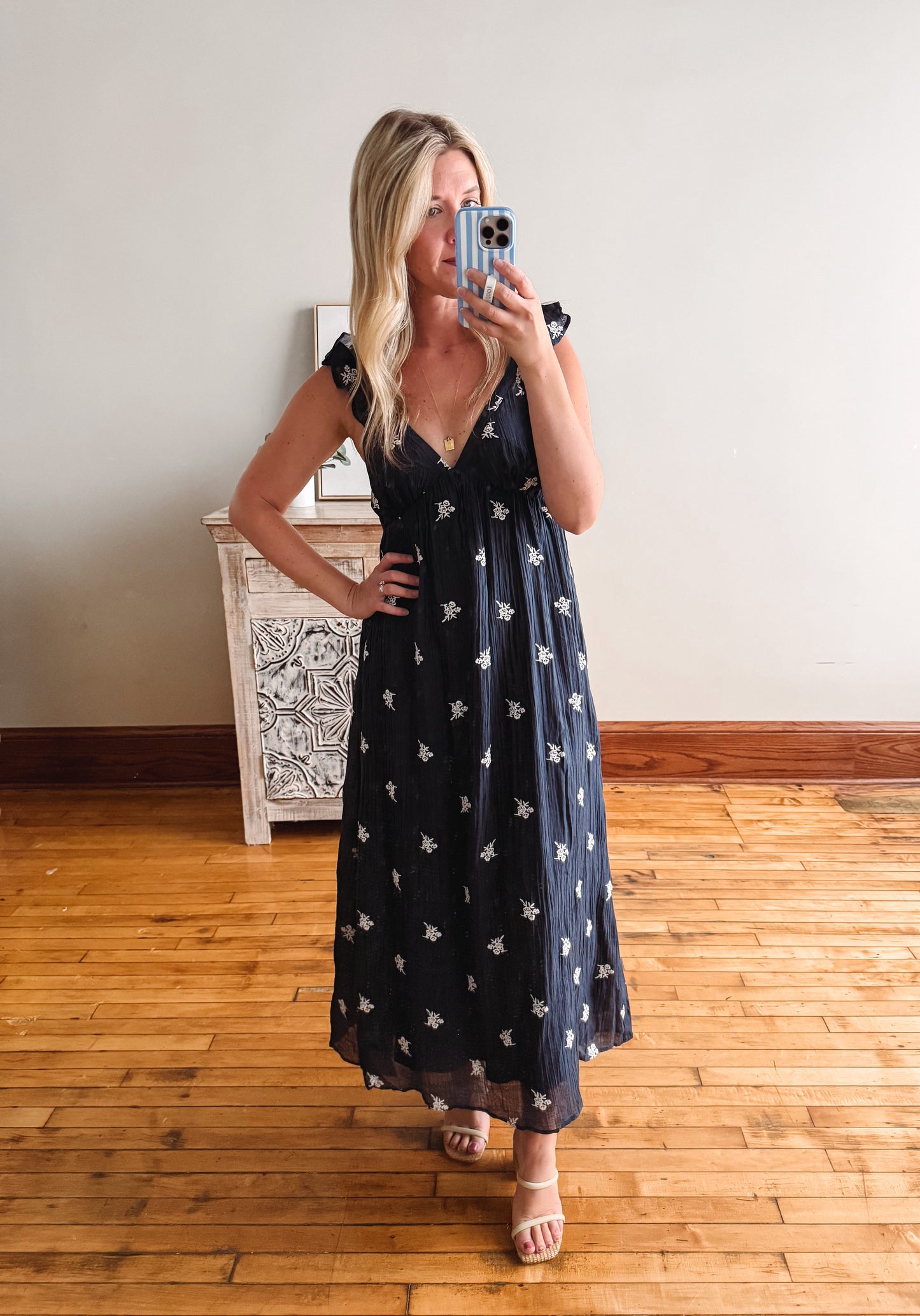 Gwen Navy + Cream Embroidered Dress