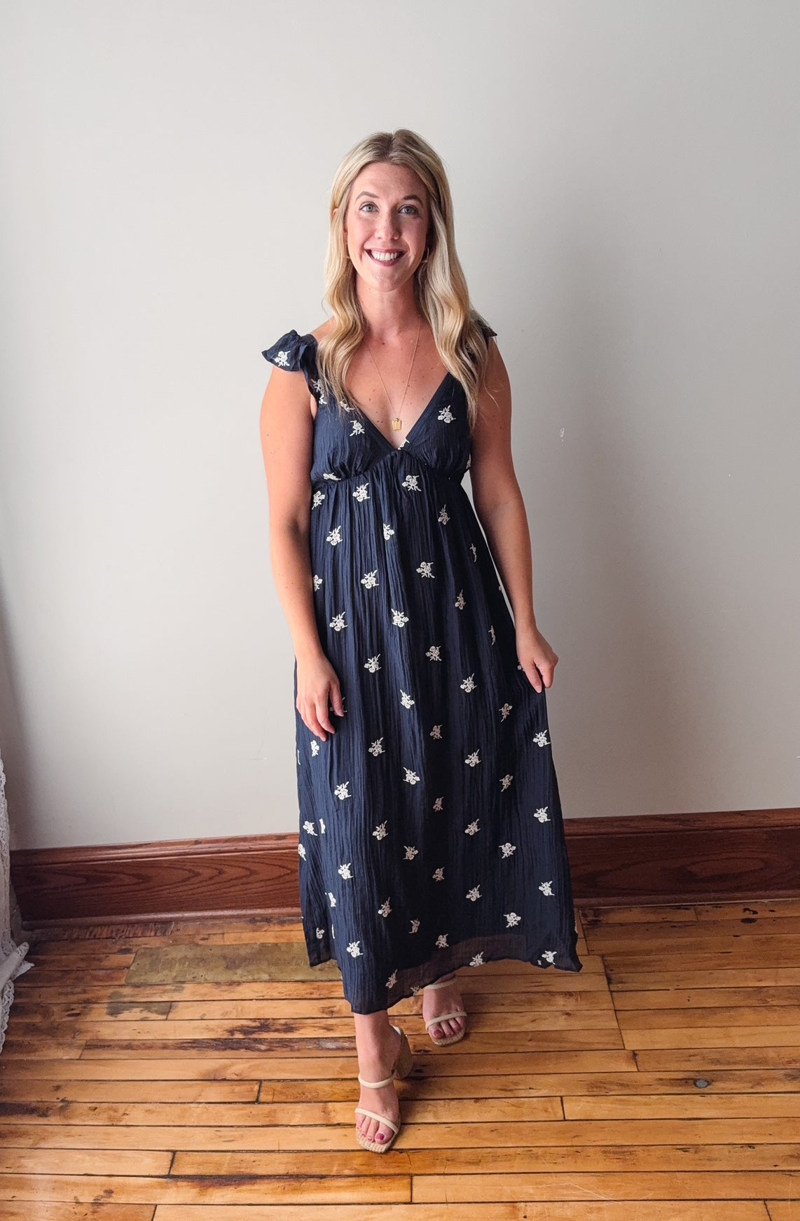 Gwen Navy + Cream Embroidered Dress
