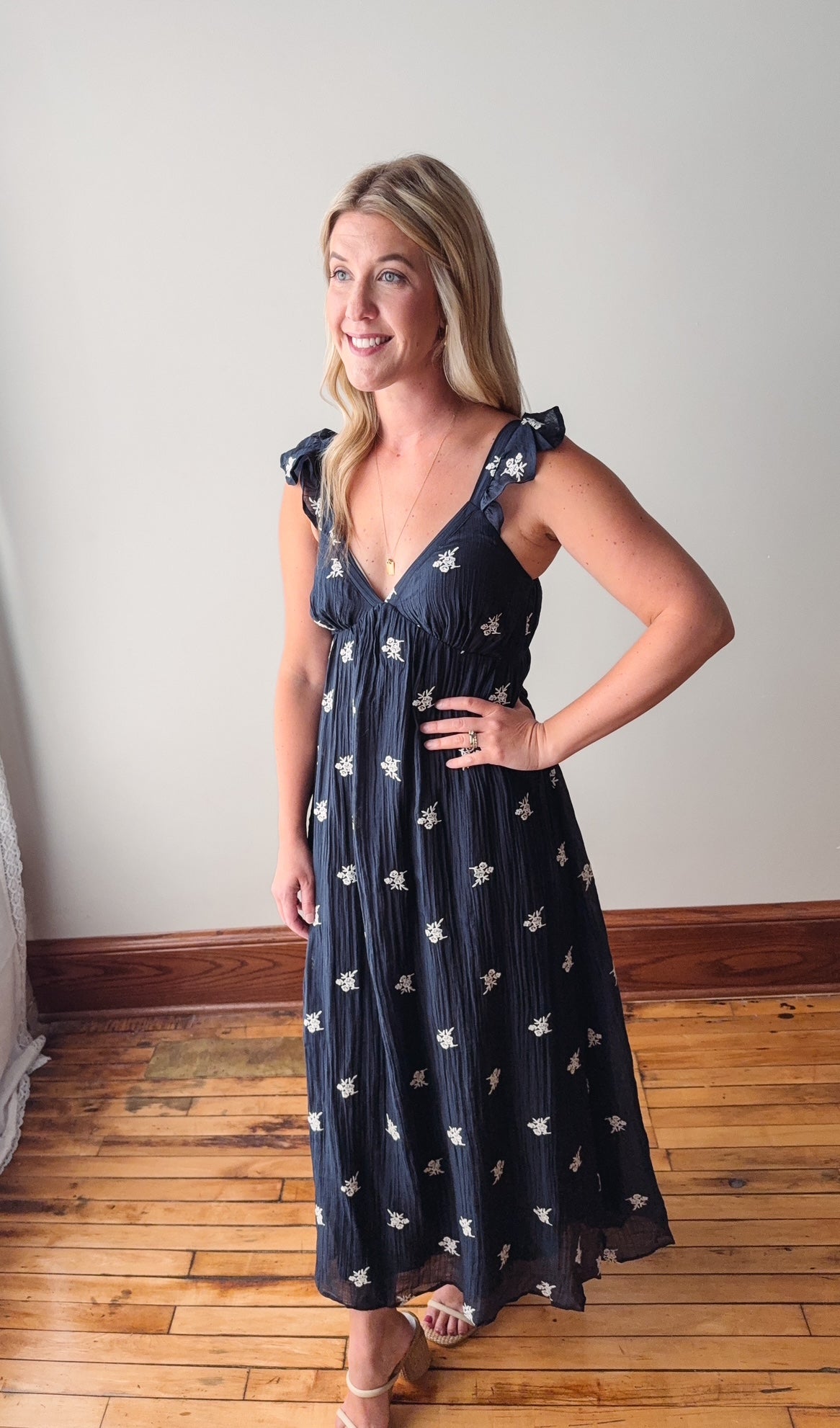 Gwen Navy + Cream Embroidered Dress