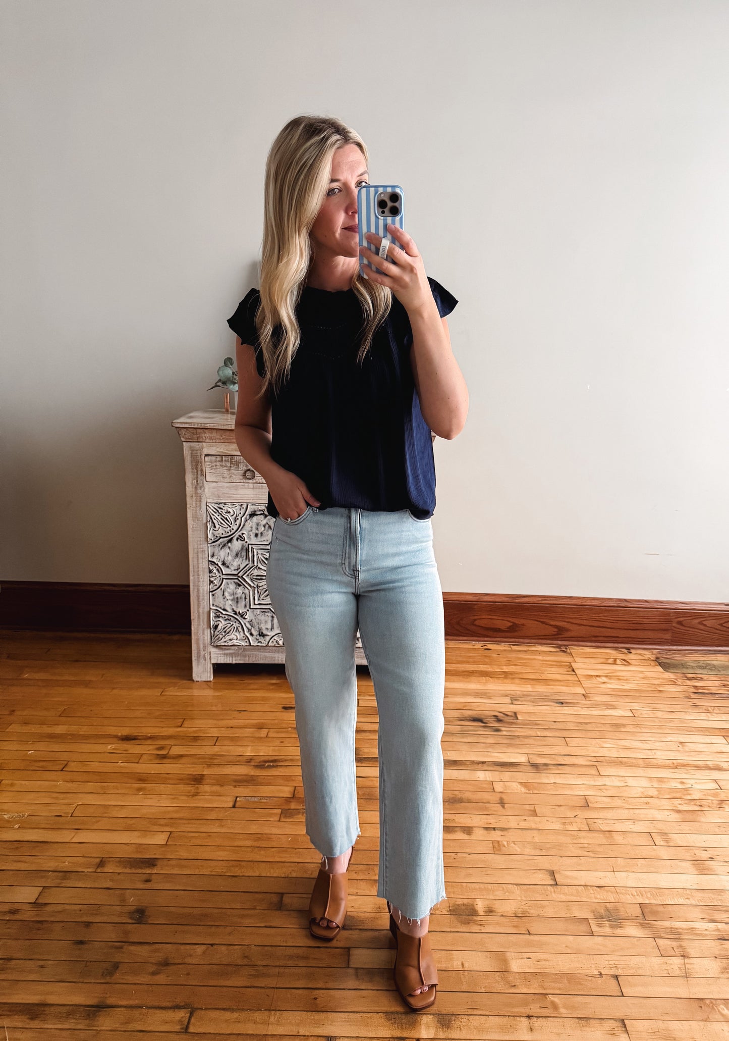 Sharon Navy Lace Trim Blouse