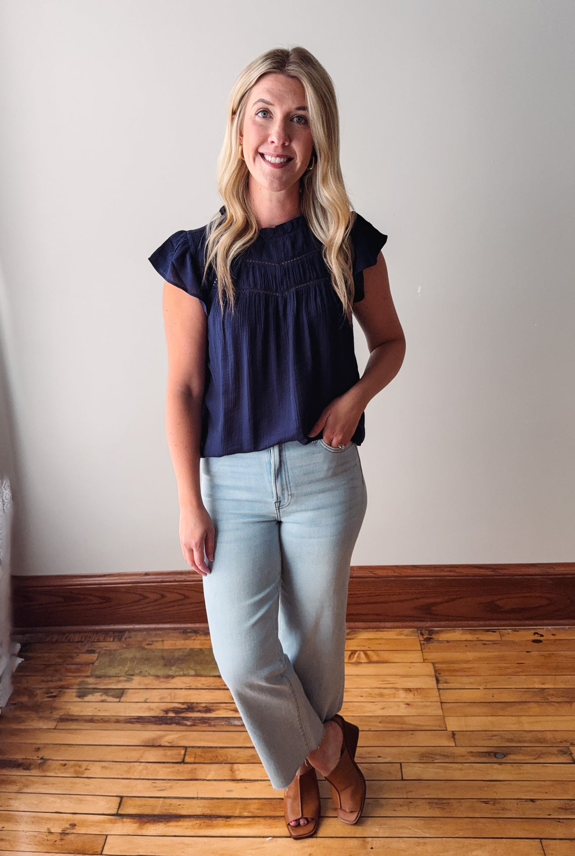 Sharon Navy Lace Trim Blouse