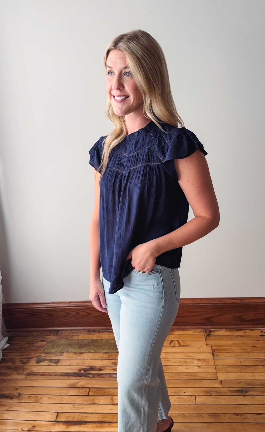 Sharon Navy Lace Trim Blouse