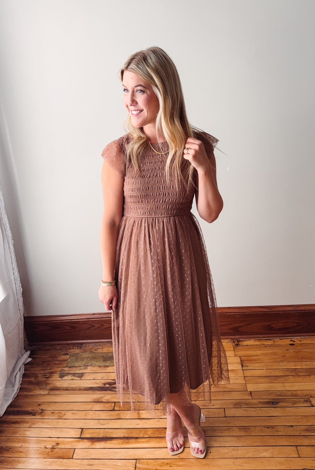 Ava Mocha Smocked Midi Dress