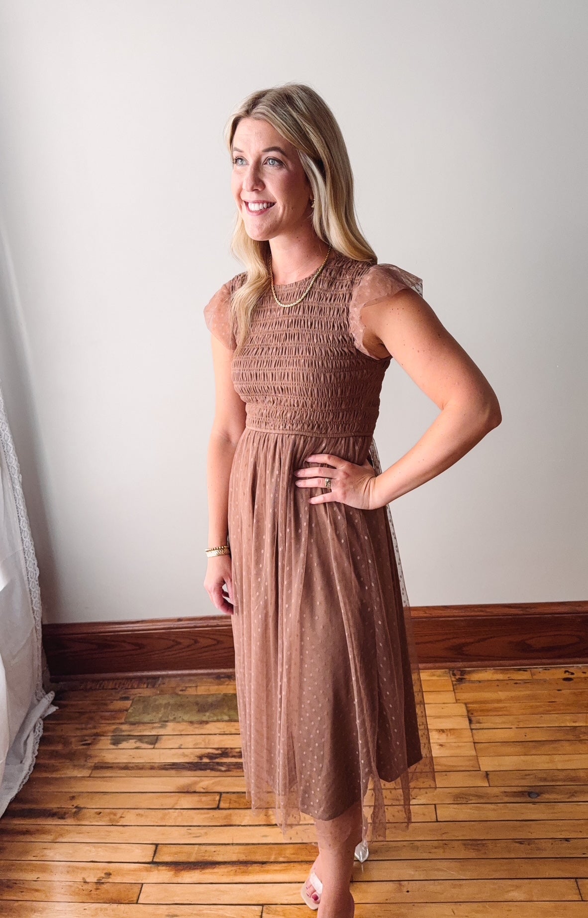 Ava Mocha Smocked Midi Dress