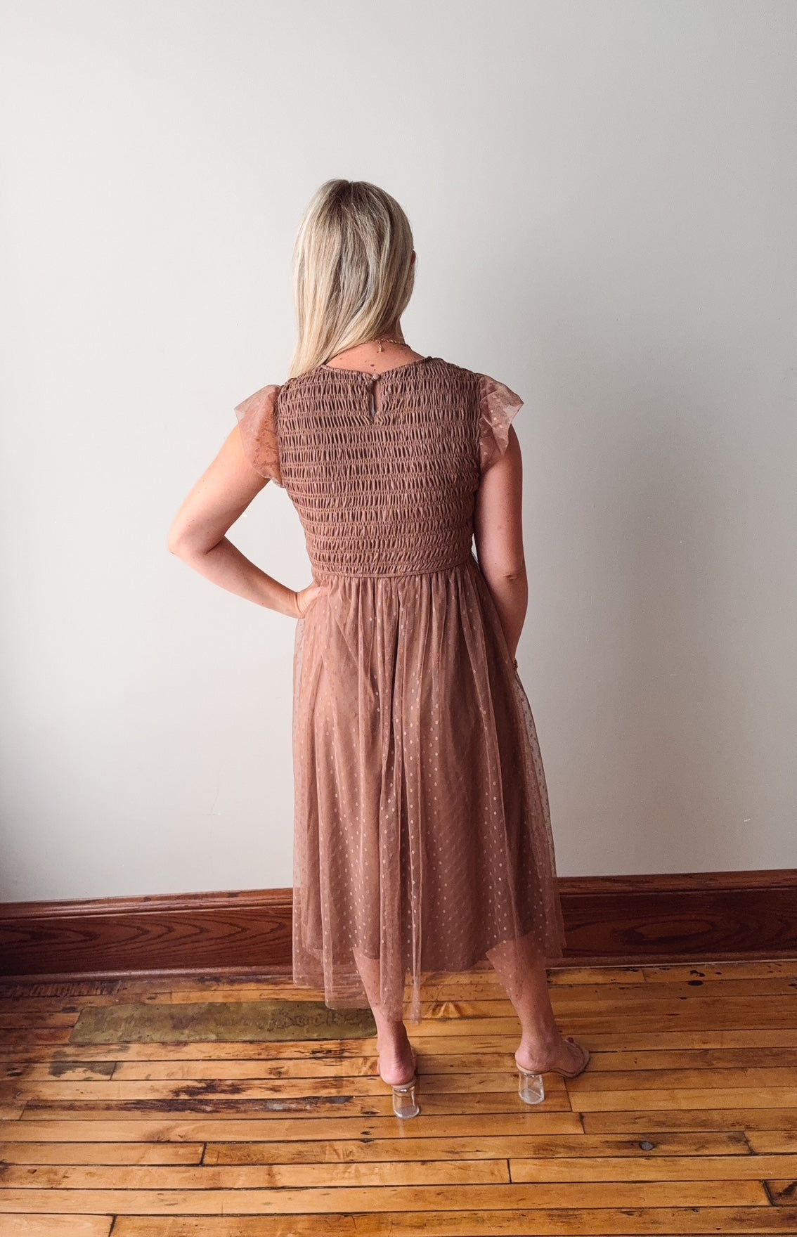 Ava Mocha Smocked Midi Dress