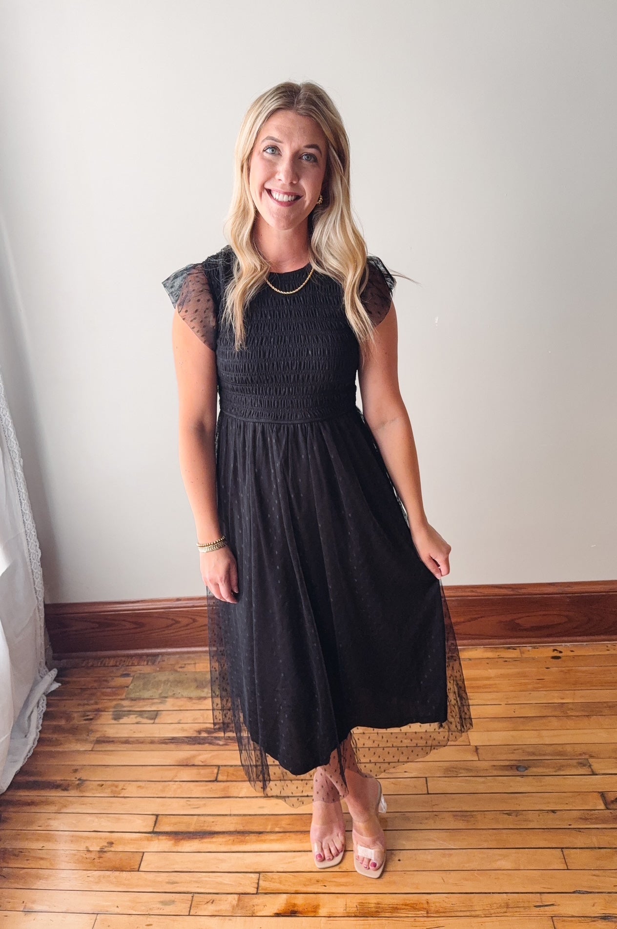 Ava Black Smocked Midi Dress