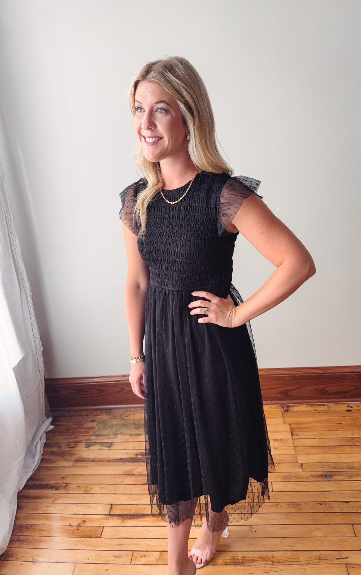 Ava Black Smocked Midi Dress