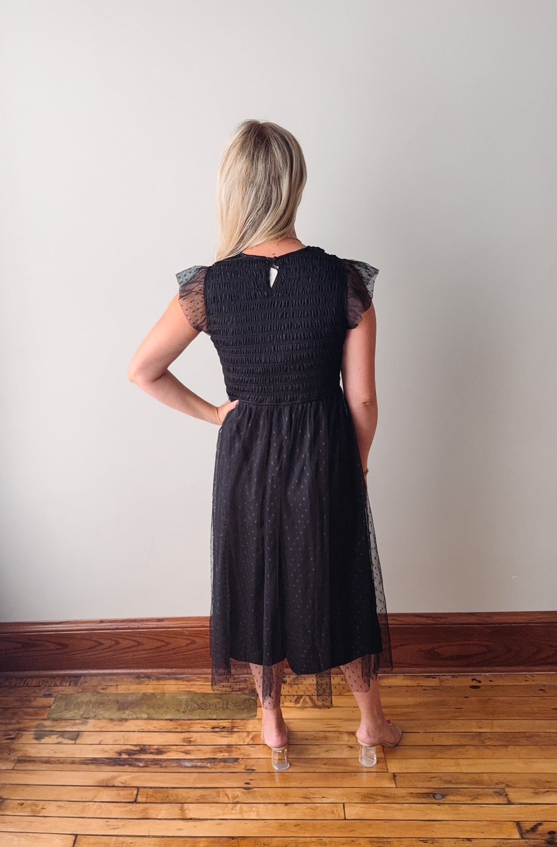 Ava Black Smocked Midi Dress