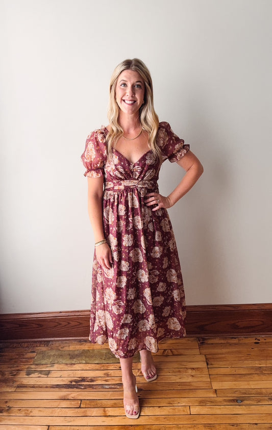 Maura Burgundy Floral Midi Dress