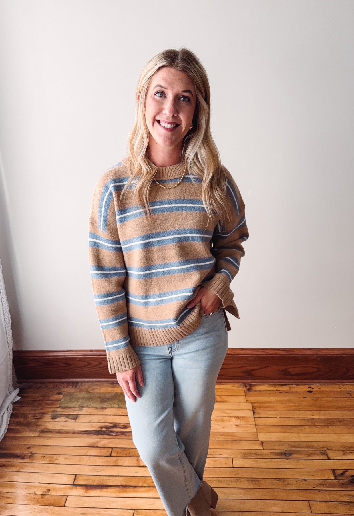 Mocha Striped Drop Shoulder Sweater