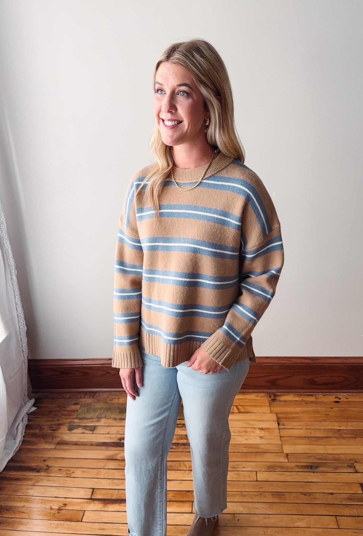 Mocha Striped Drop Shoulder Sweater