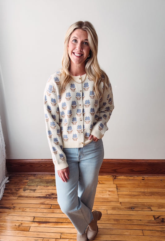 Megan Cream + Blue Floral Cardigan