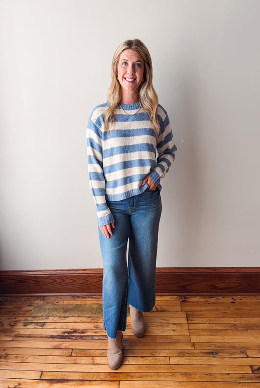 Sutton Blue + Cream Drop Shoulder Sweater