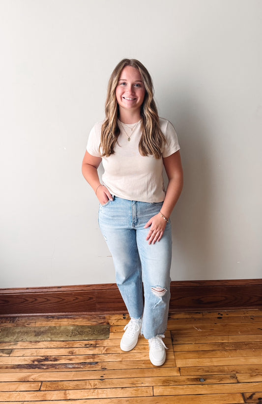 High Rise Distressed Crop Slim Wide Jeans