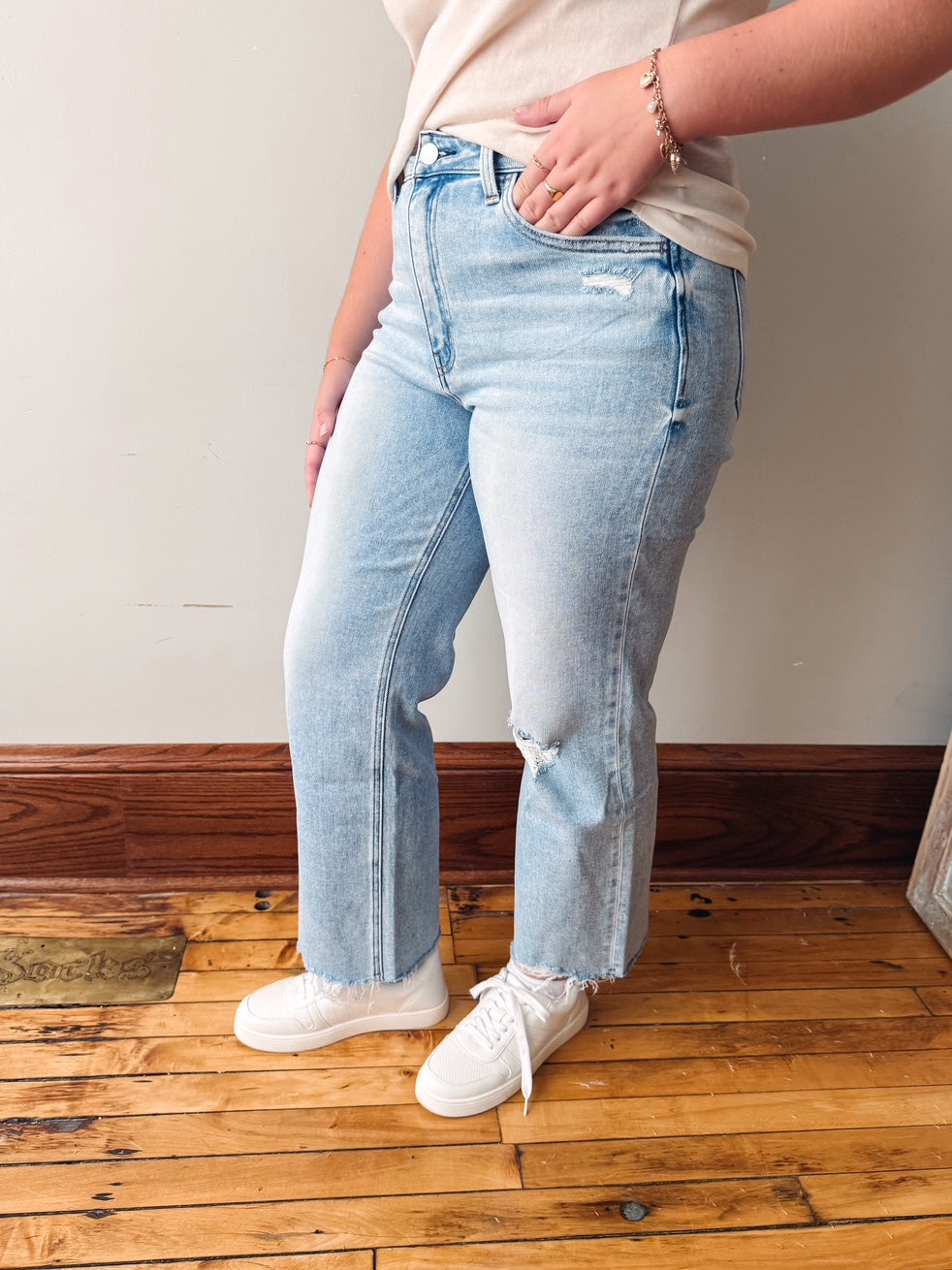 High Rise Distressed Crop Slim Wide Jeans
