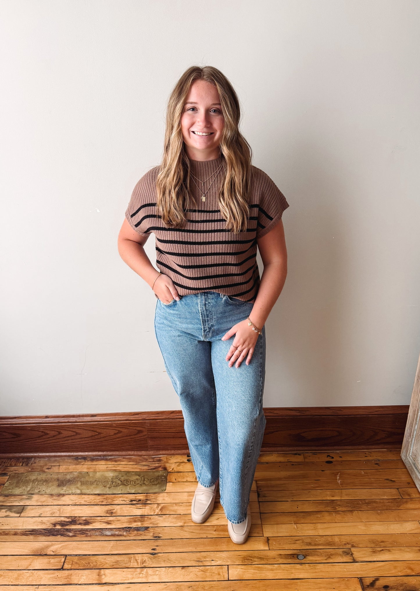 Striped Mock Neck Short Sleeve - Mocha
