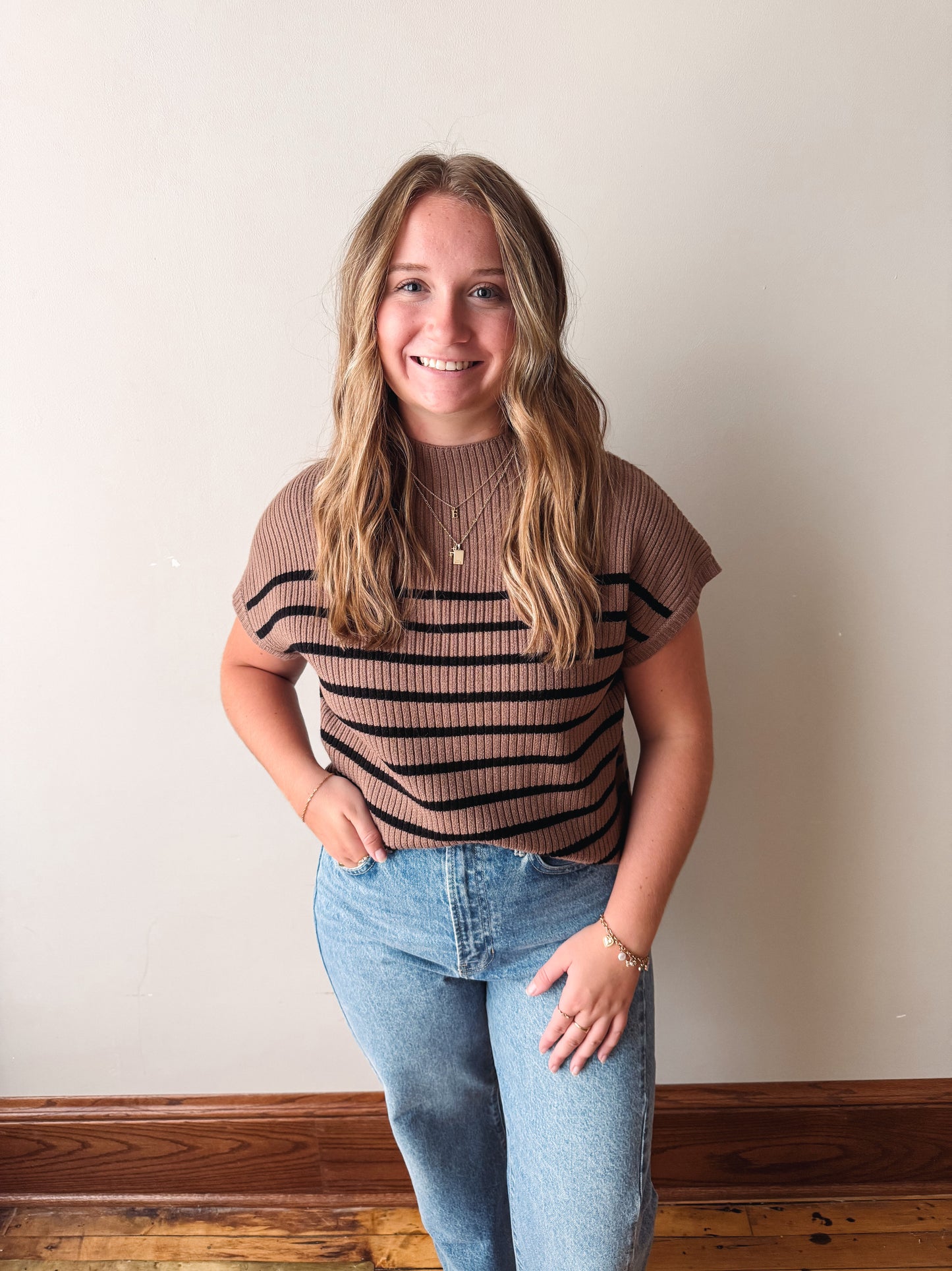 Striped Mock Neck Short Sleeve - Mocha