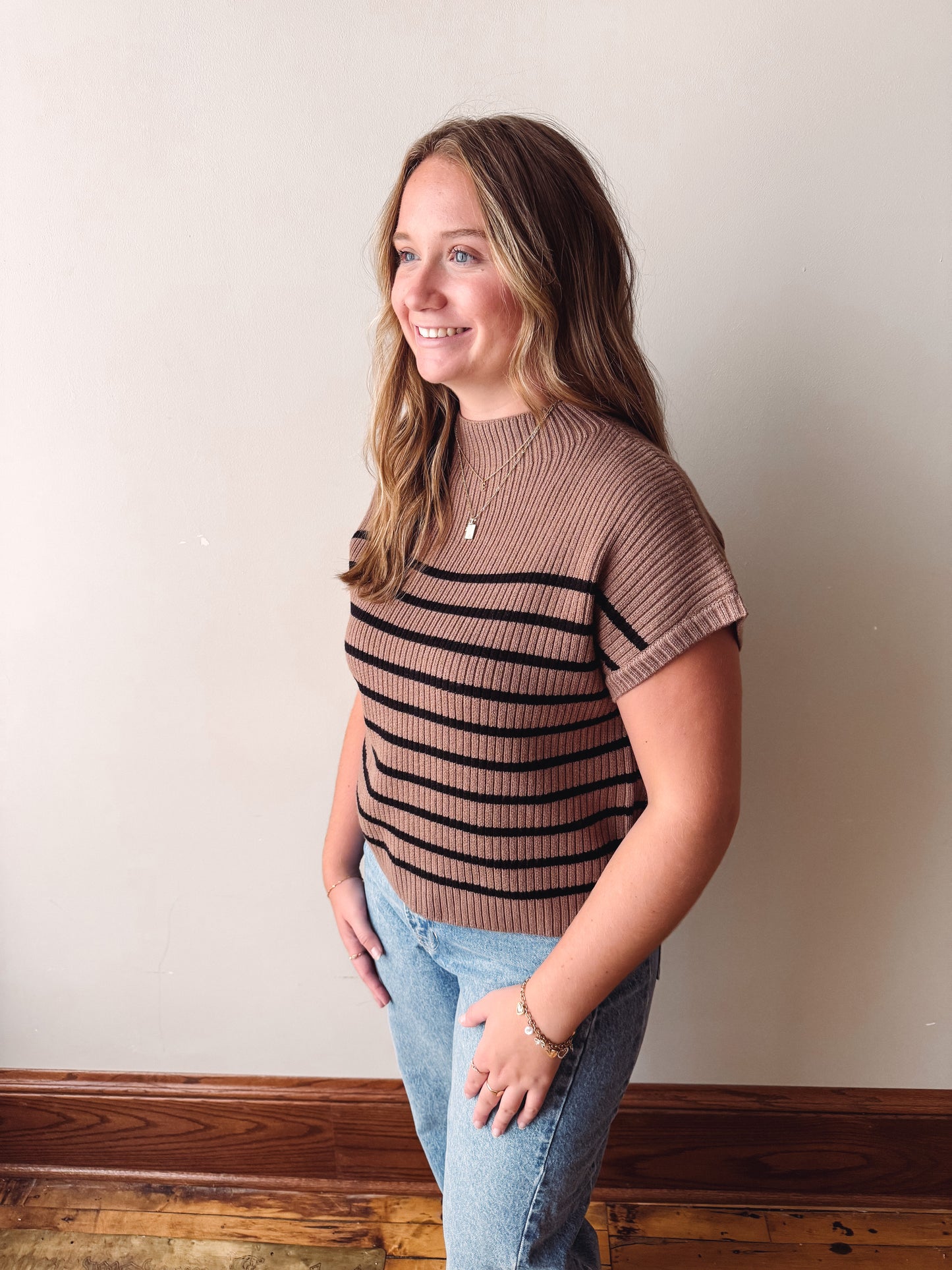Striped Mock Neck Short Sleeve - Mocha