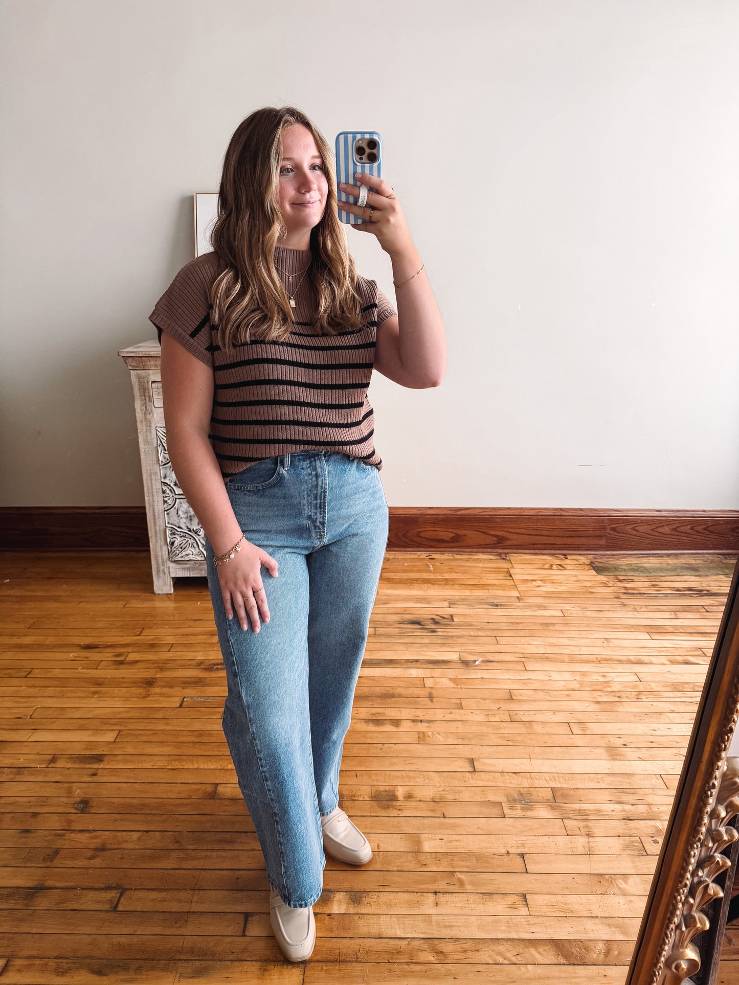 Striped Mock Neck Short Sleeve - Mocha