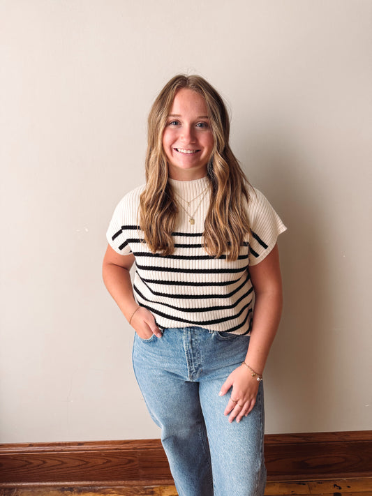 Striped Mock Neck Short Sleeve - Ivory