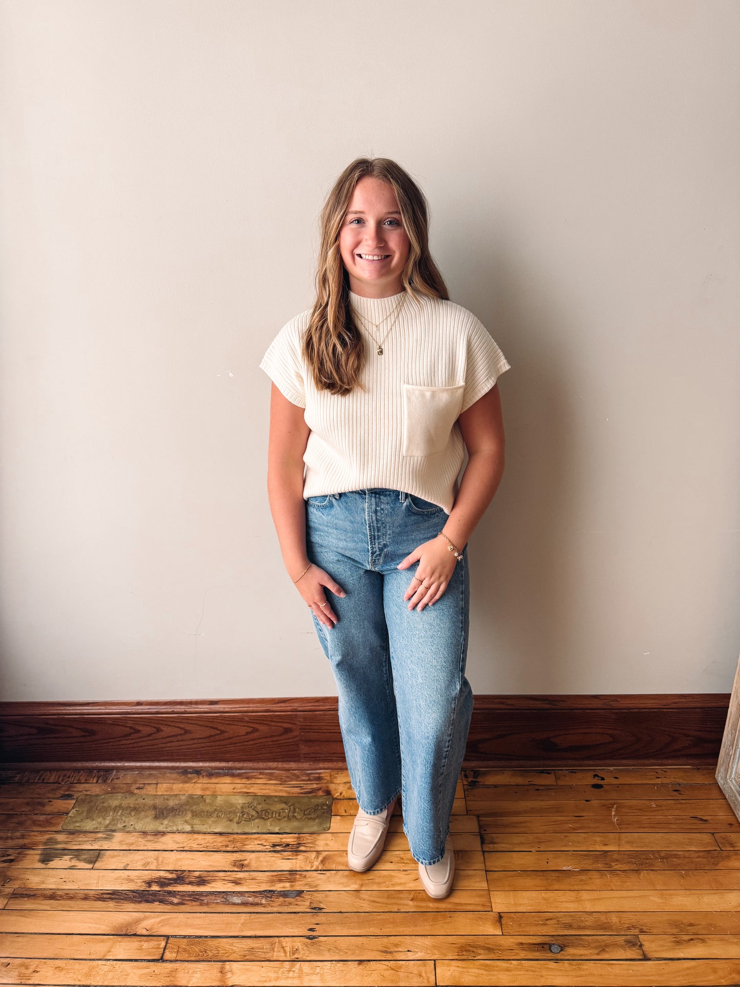 Short Sleeve Mock Neck Pocket Sweater - Cream