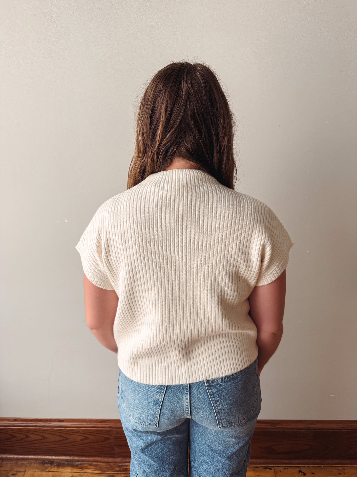 Short Sleeve Mock Neck Pocket Sweater - Cream