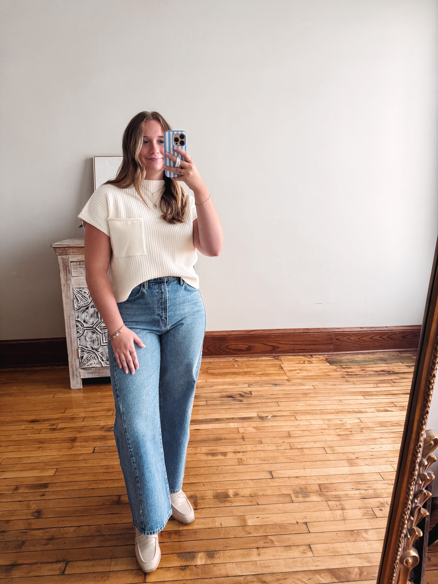 Short Sleeve Mock Neck Pocket Sweater - Cream