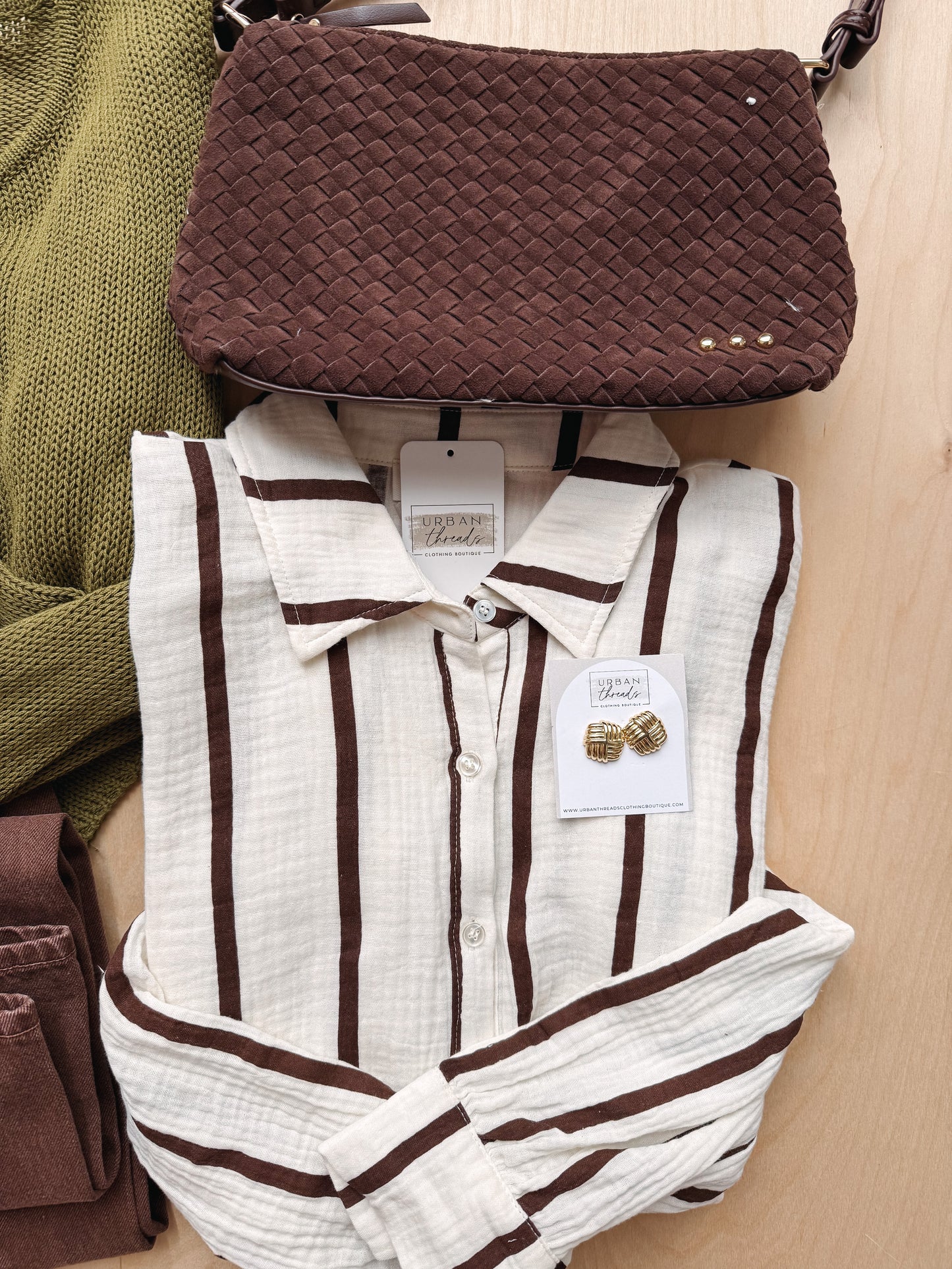 Oversized Striped Button Up - Brown