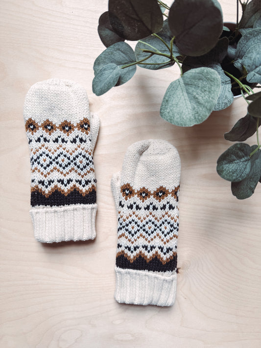 Cream, Black + Camel Patterned Mittens