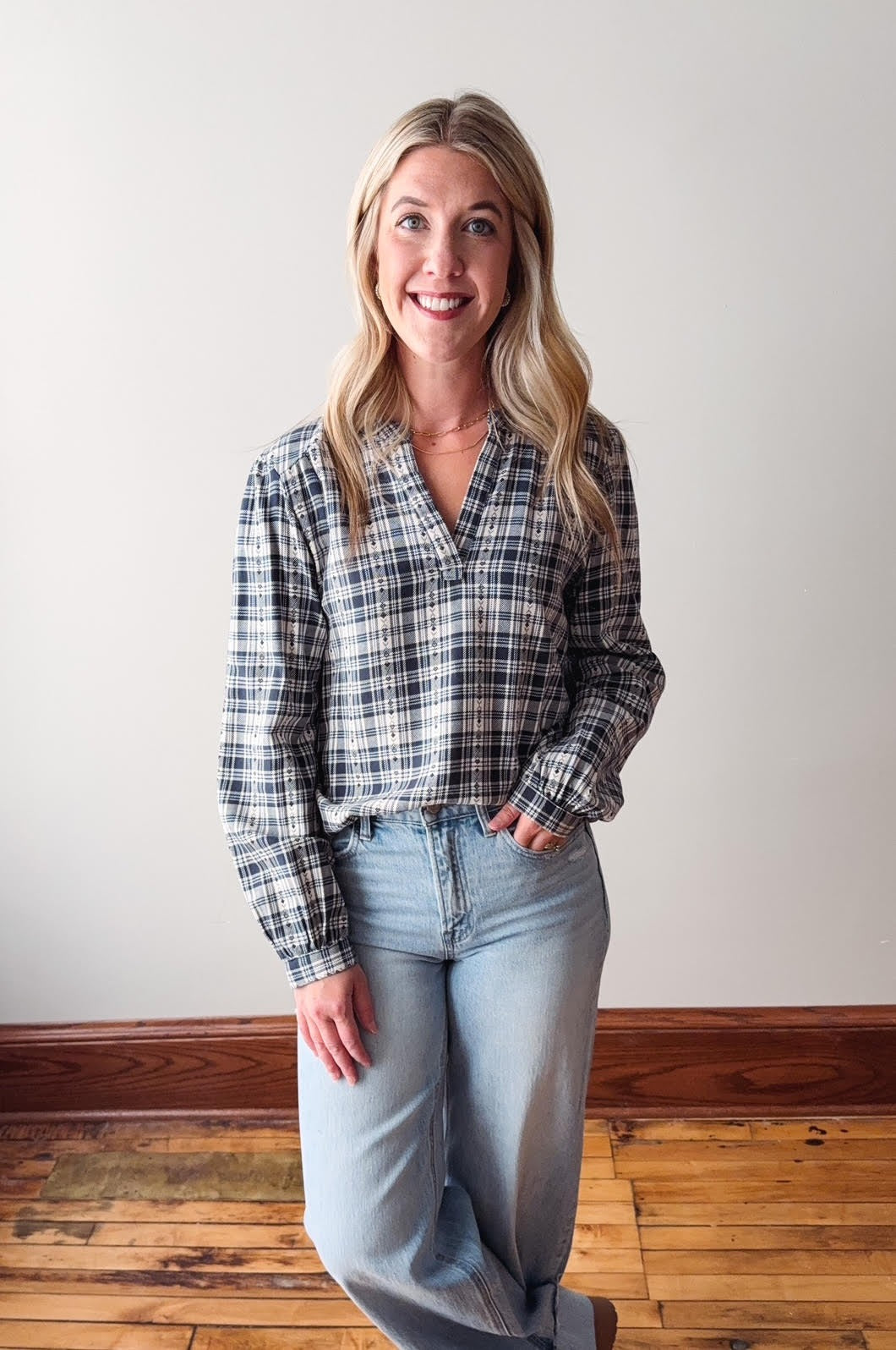 Irene Top - Cream Navy Plaid