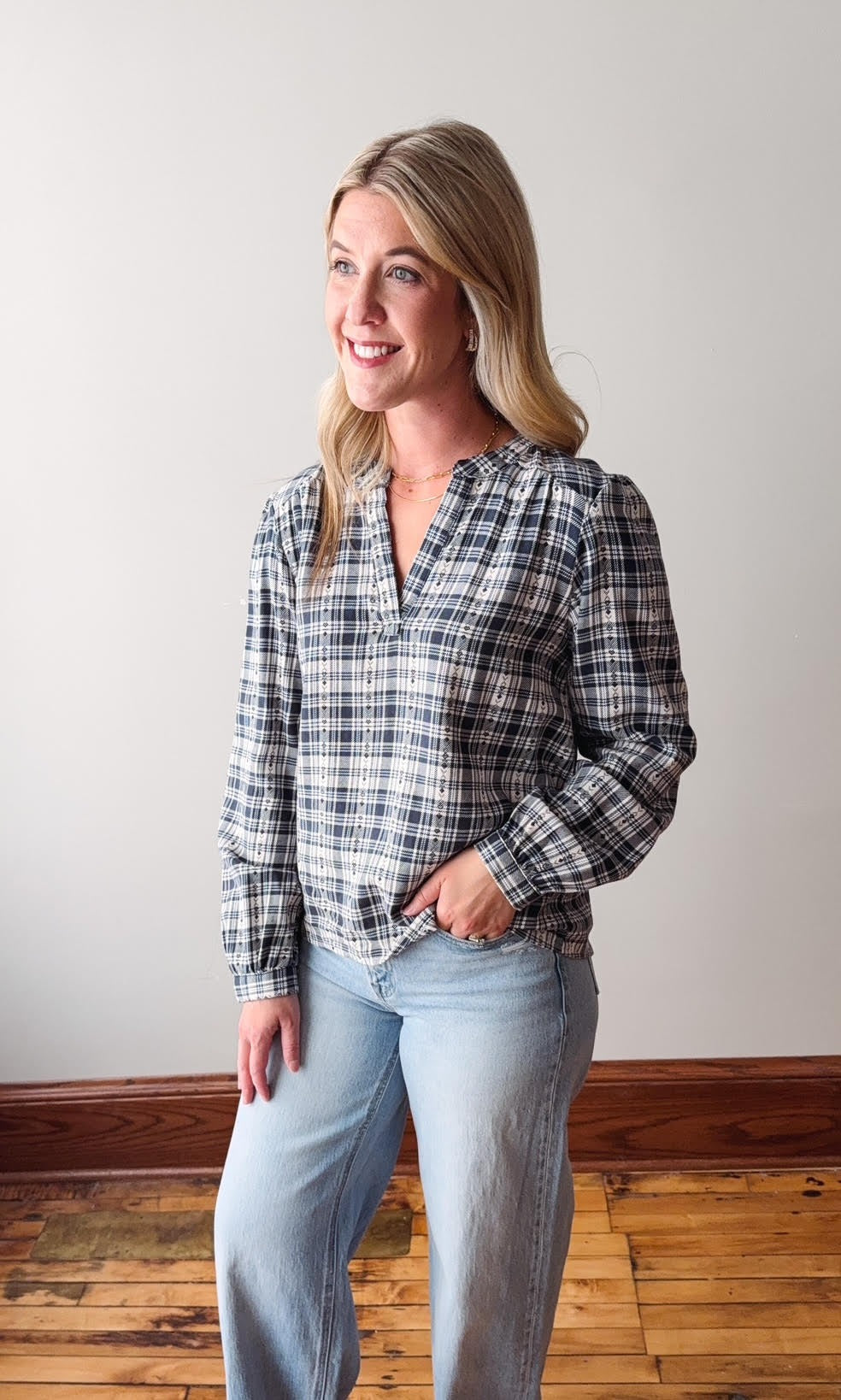 Irene Top - Cream Navy Plaid