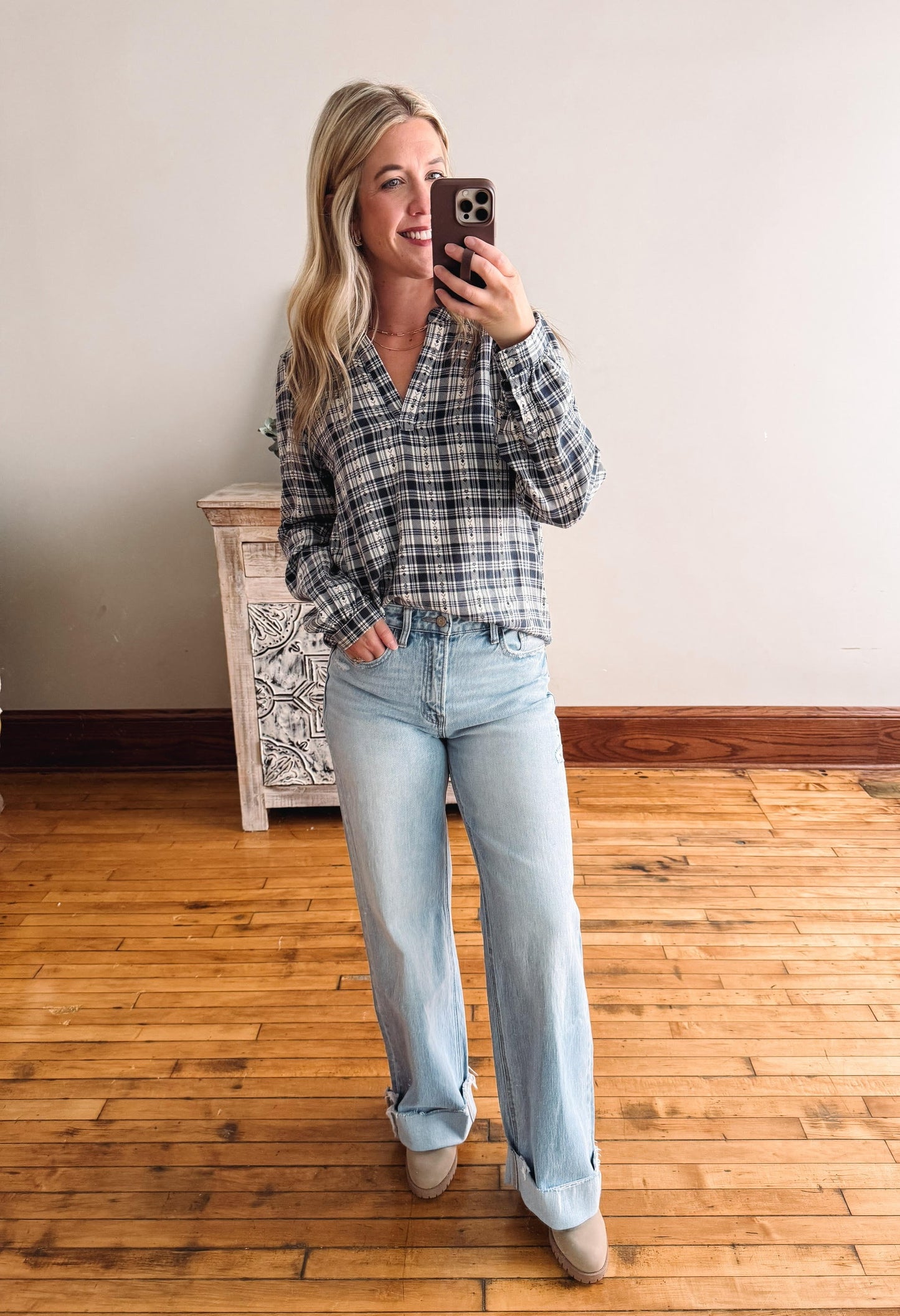 Irene Top - Cream Navy Plaid
