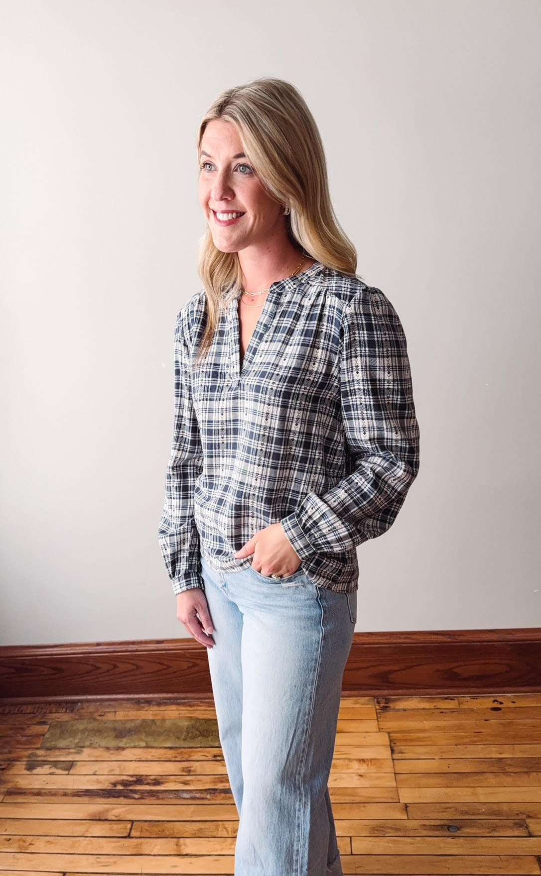 Irene Top - Cream Navy Plaid