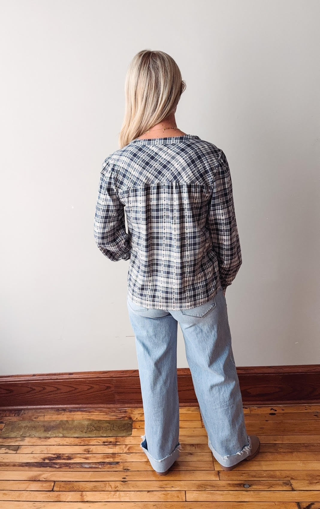 Irene Top - Cream Navy Plaid