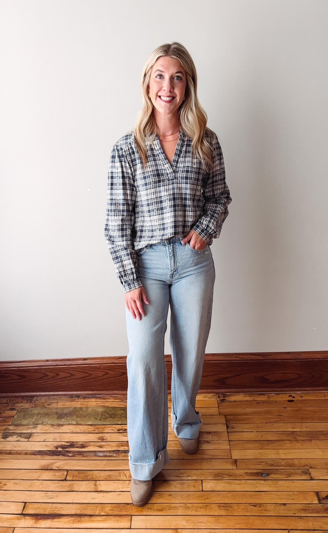 Irene Top - Cream Navy Plaid