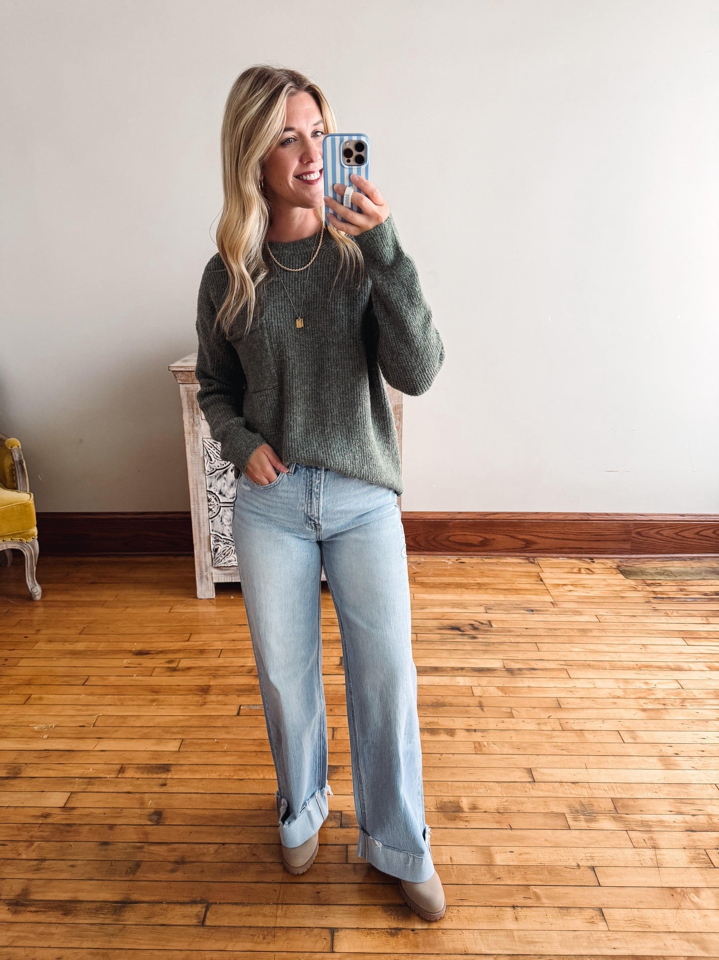 Kimberly Sage Pocket Pullover Sweater