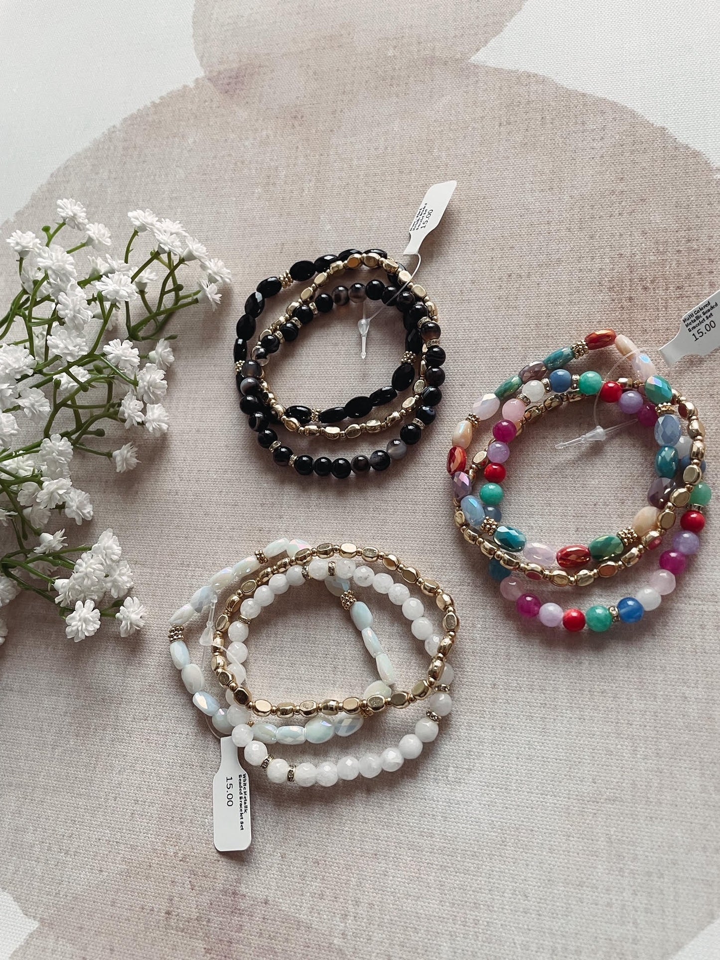 White Metallic Beaded Bracelet Set