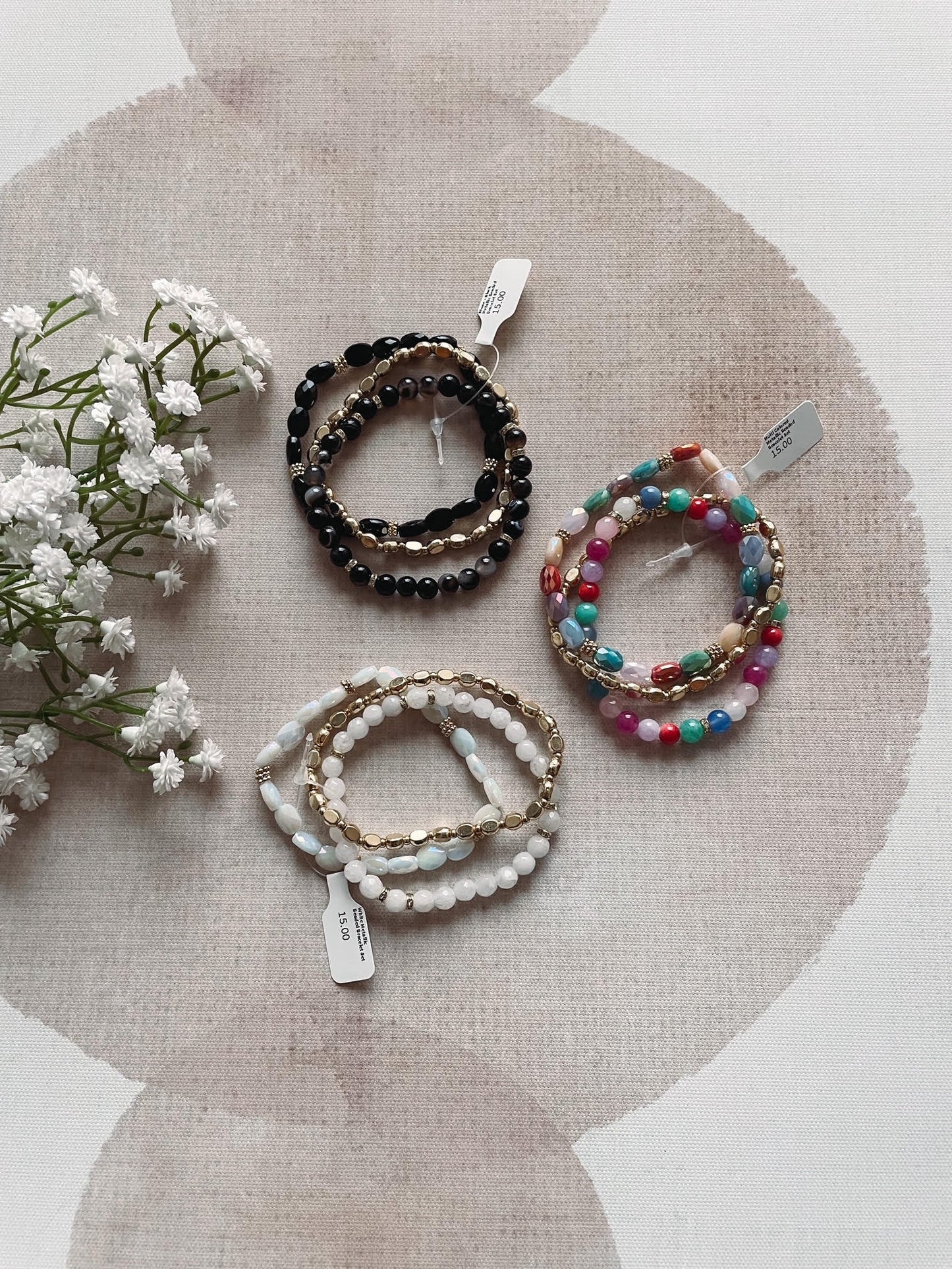 White Metallic Beaded Bracelet Set