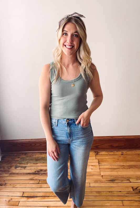 Sage Scoop Neck Ribbed Tank Top