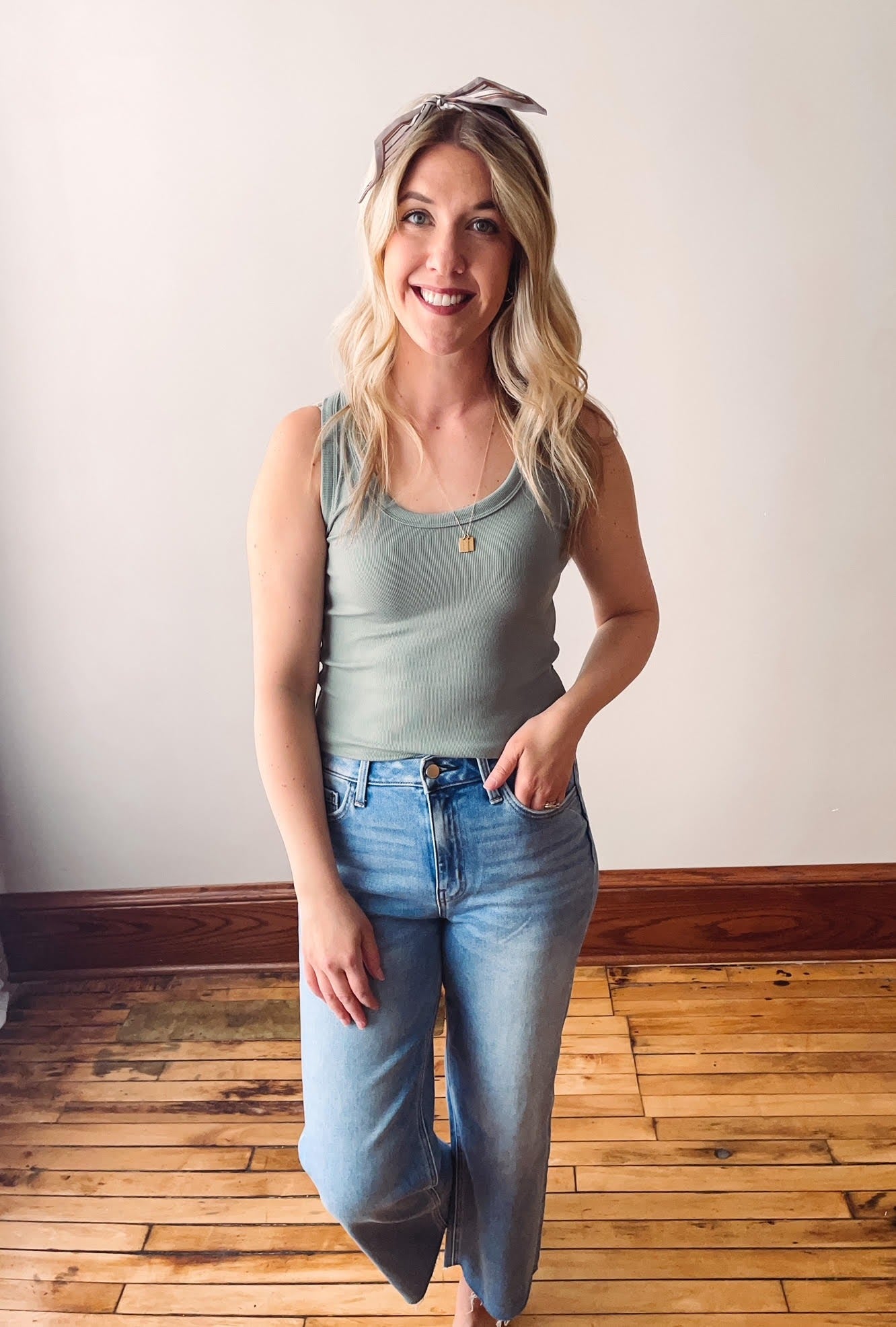 Sage Scoop Neck Ribbed Tank Top