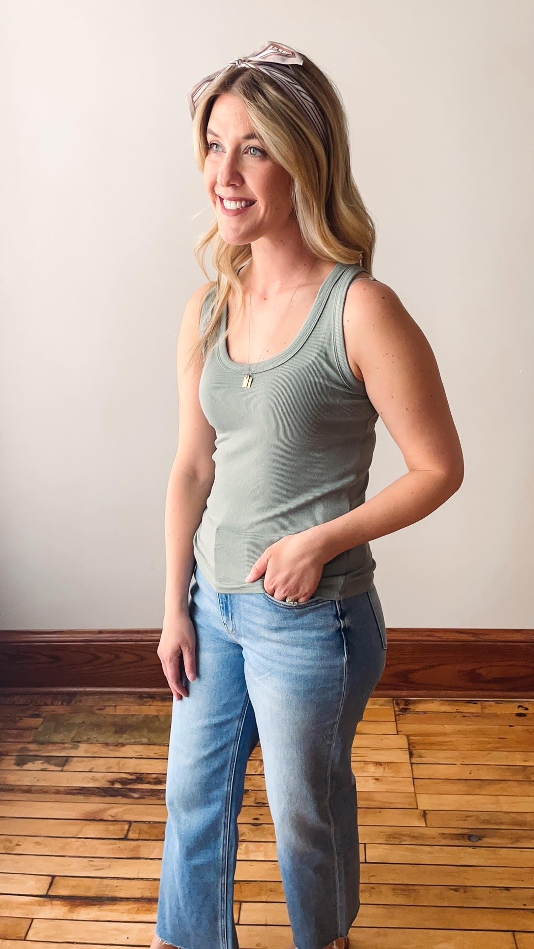 Sage Scoop Neck Ribbed Tank Top
