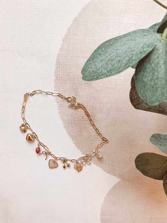 Multi Charm Bow Cherry Heart Necklace