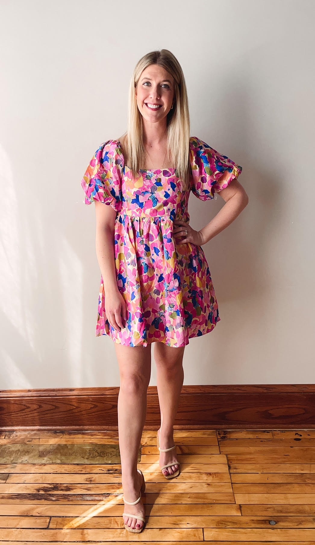 Multi Color Short Balloon Sleeve Dress