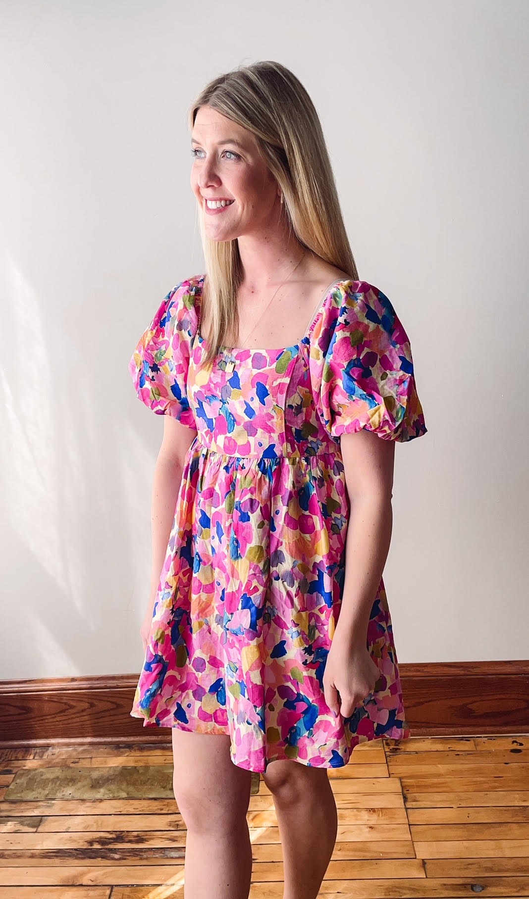 Multi Color Short Balloon Sleeve Dress