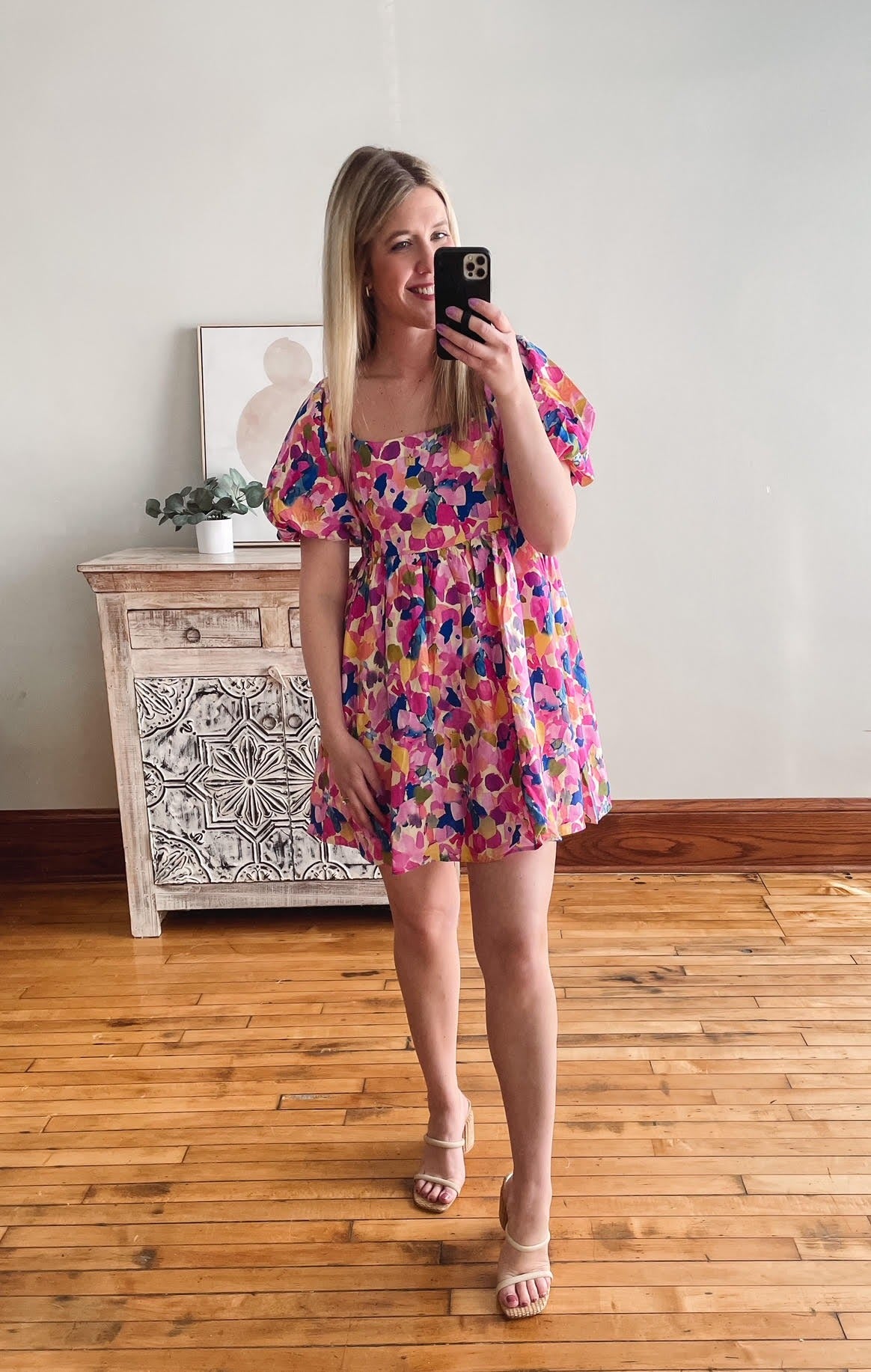 Multi Color Short Balloon Sleeve Dress