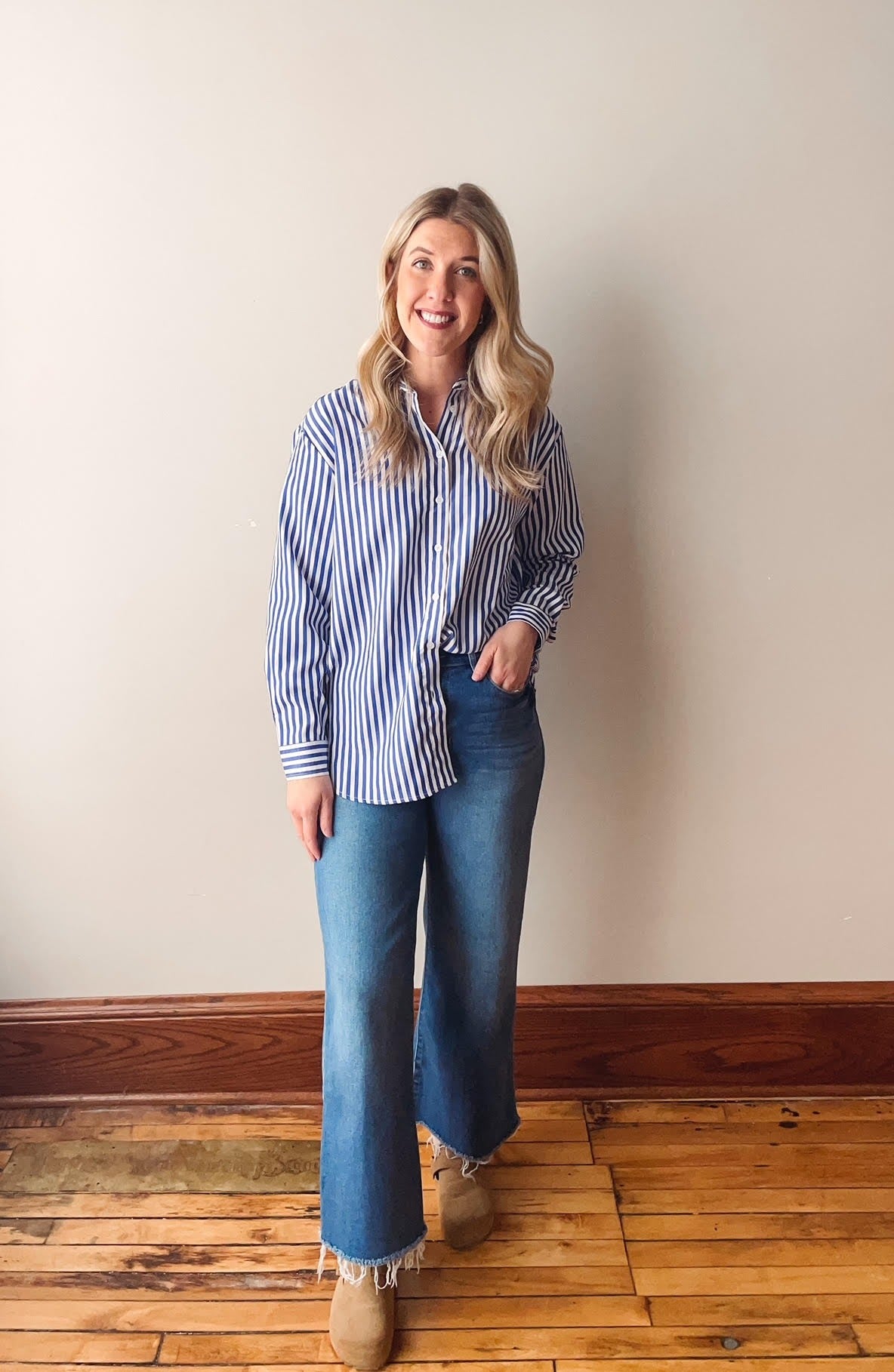 Navy Striped Classic Button Up