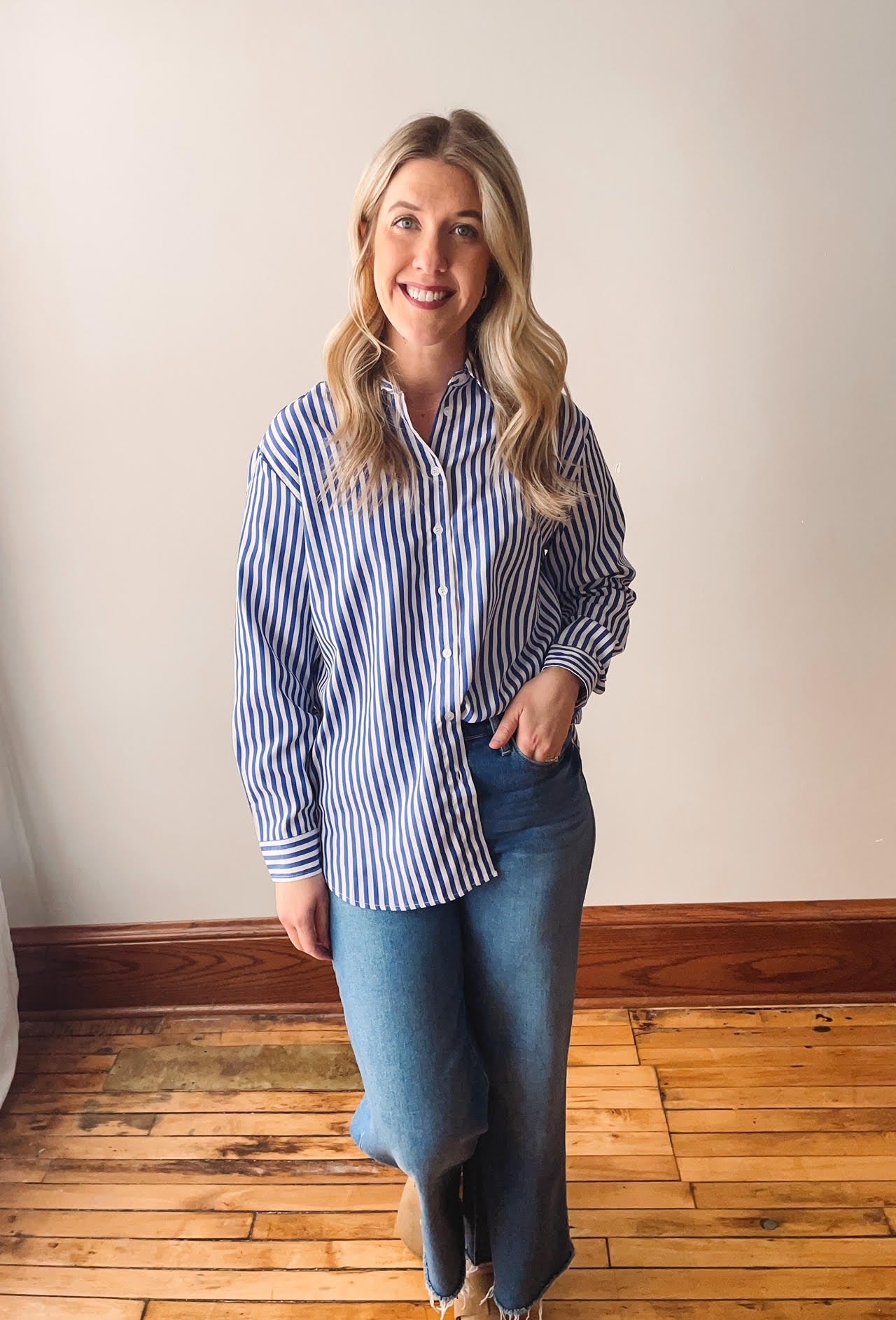 Navy Striped Classic Button Up