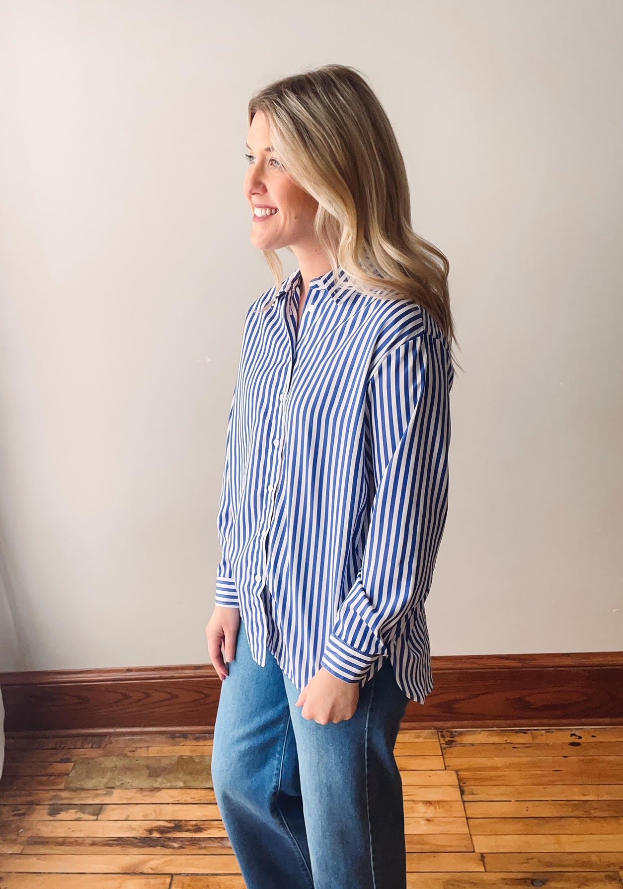 Navy Striped Classic Button Up