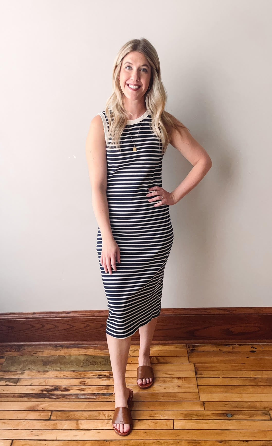 Navy + Cream Striped Midi Dress